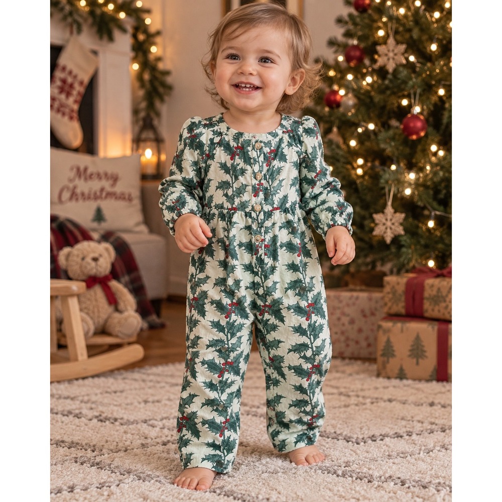 Kate Quinn 12-18M Winter Holly Berry Woodland Jumpsuit Romper Gaucho Christmas